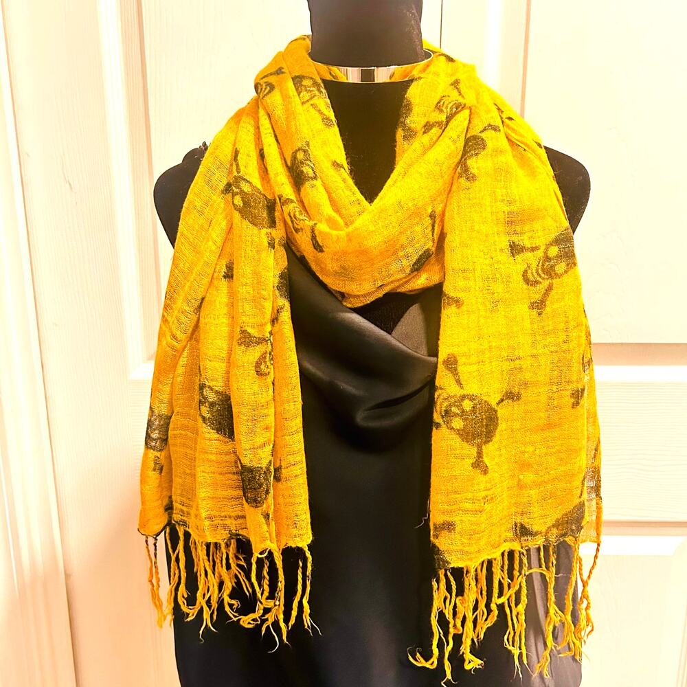 Liss Kiss Crossbones Print Scarf Mustard Yellow Large Lightweight Fringe - Picture 5 of 12